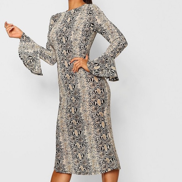 Boohoo Dresses & Skirts - Snake Print Midi Dress with Flare Sleeves!